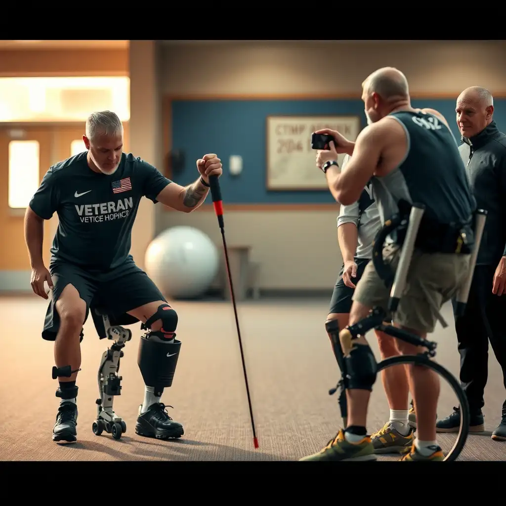 A veteran engaging in adaptive activities with advanced prosthetics, surrounded by a supportive community of fellow veterans. The scene conveys resilience, camaraderie, and empowerment through rehabilitation exercises and shared moments of strength. Warm colors evoke feelings of hope and solidarity.