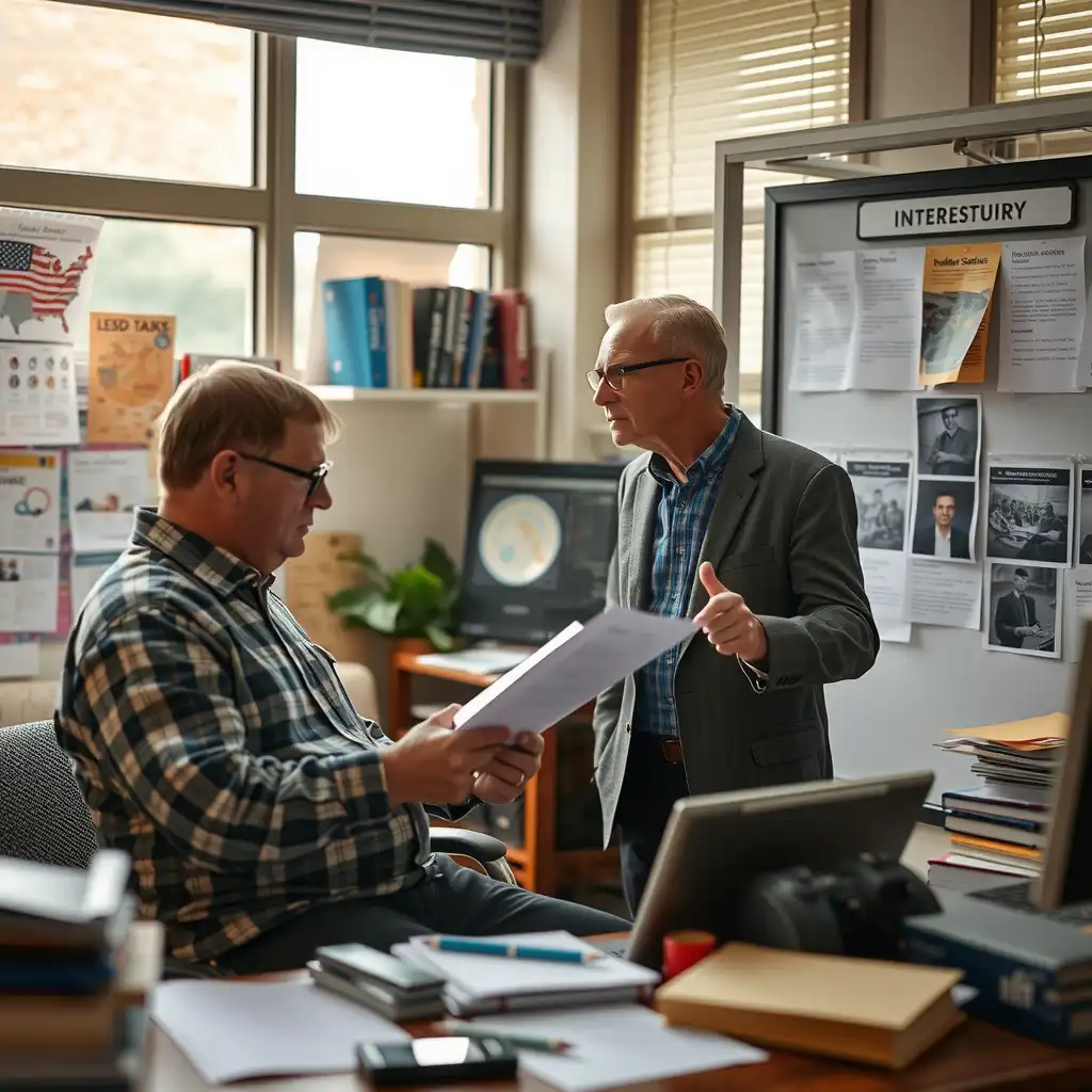 An engaging office scene depicting a veteran reviewing documents with a supportive advisor, surrounded by resources and a bulletin board filled with tips and success stories, illuminated by soft natural light. The atmosphere conveys hope and determination in navigating VA disability benefits.