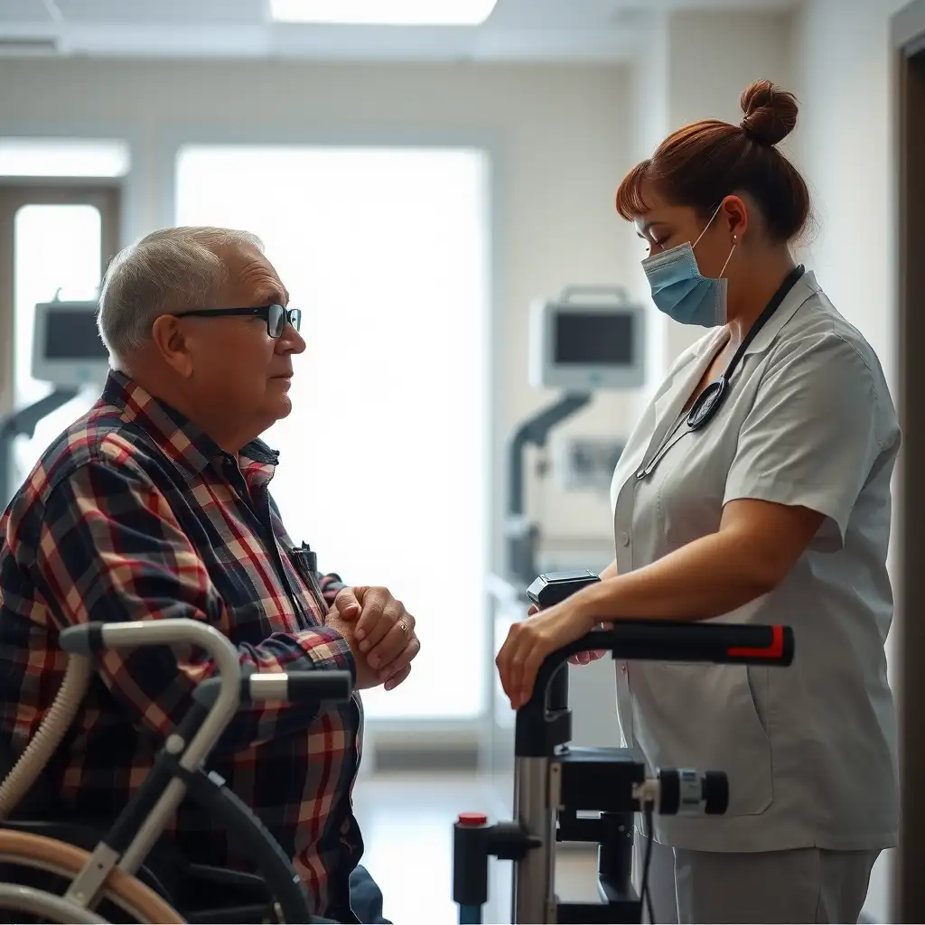 A veteran being assessed by a healthcare professional in a well-lit clinic, surrounded by advanced diagnostic tools and supportive equipment, highlighting determination and resilience.