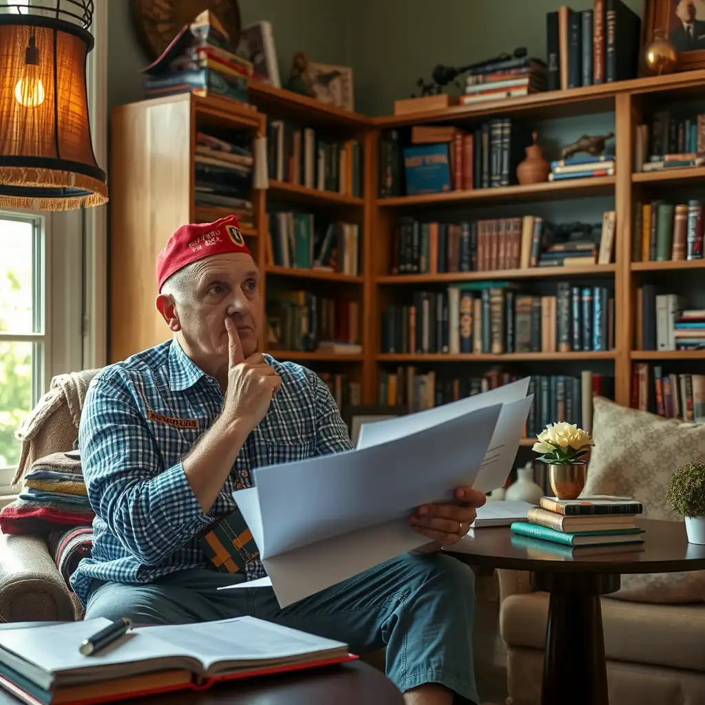 A veteran seated at a desk, reviewing documents with a counselor in a cozy office filled with books on mental health, symbolizing the journey of understanding VA Disability Ratings for ADHD. Warm lighting and inviting decor create an atmosphere of support and resilience.