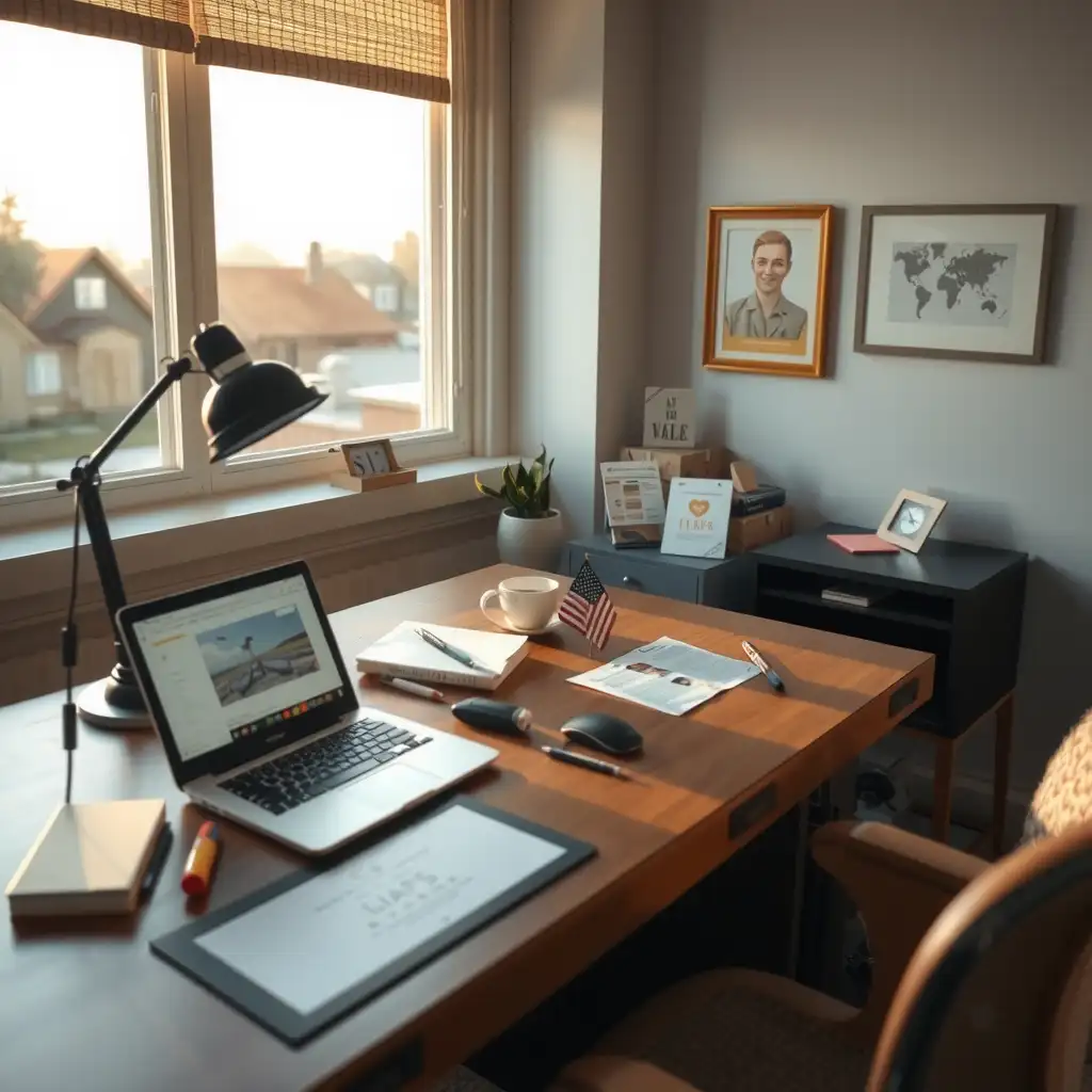 A serene workspace featuring a well-organized desk with informative resources on VA Disability Ratings, a laptop, and comforting personal items, all illuminated by soft natural light.