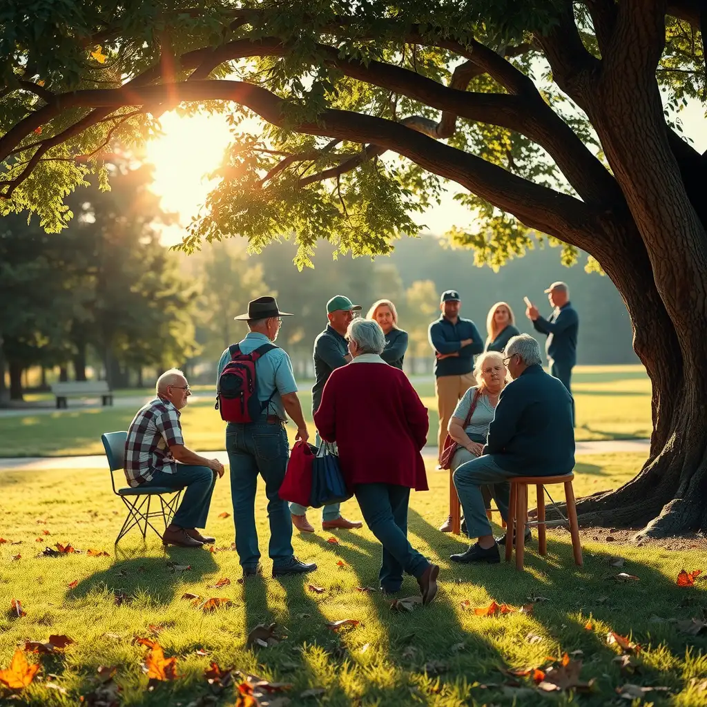 A diverse group of veterans engages in supportive discussions in a serene park, surrounded by lush trees and symbols of resilience, embodying hope and community in their journey of recovery from addiction.