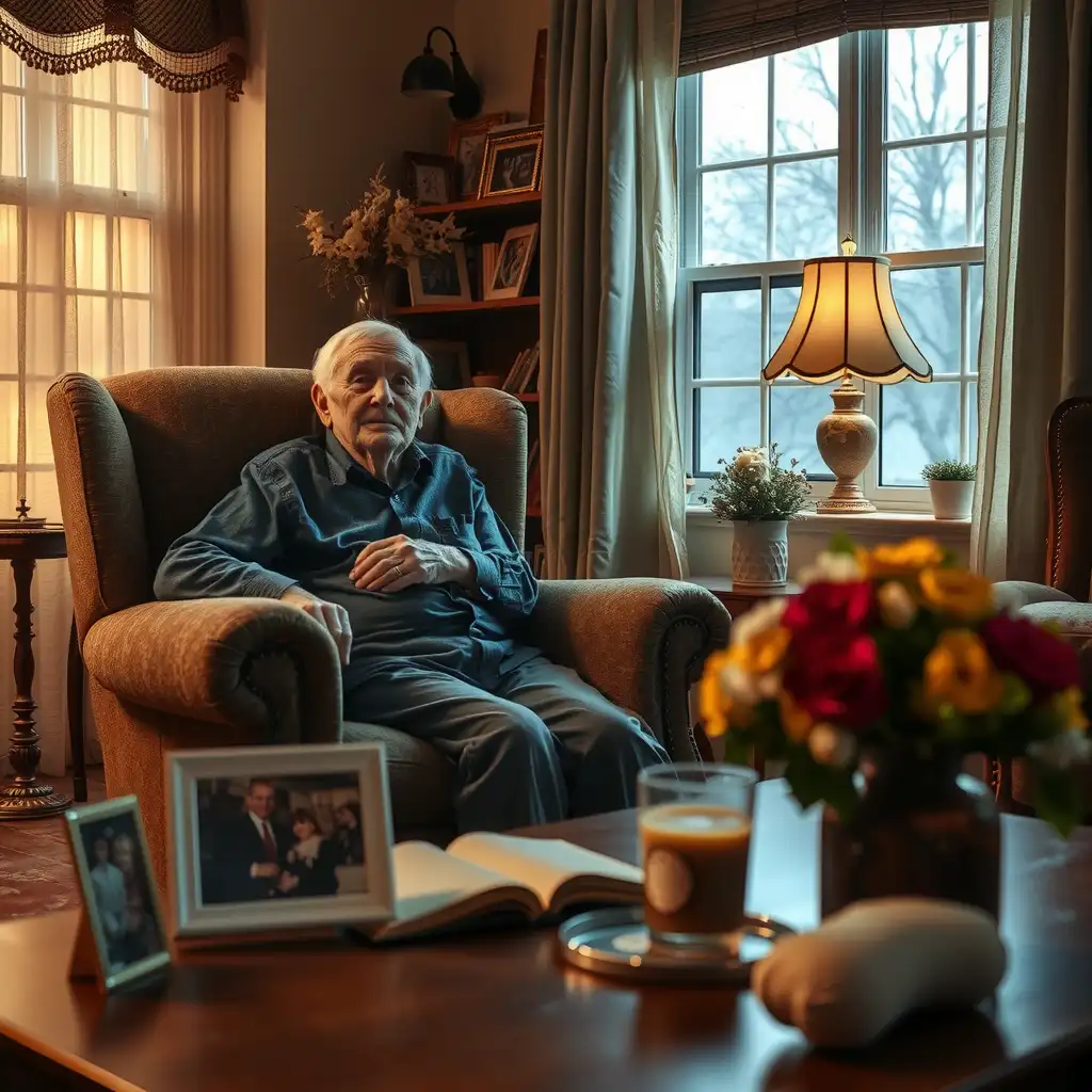 An elderly veteran sits in a cozy armchair, surrounded by warm light. Family photographs on a nearby table capture cherished memories, reflecting the emotional journey of families coping with Alzheimer's and dementia. The scene conveys empathy and awareness of the challenges faced by veterans experiencing cognitive decline.