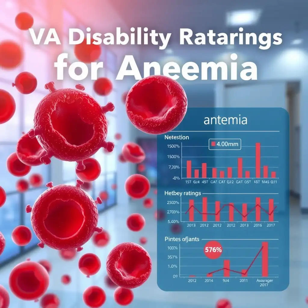 An informative graphic depicting blood cells and hematology concepts, with charts illustrating VA disability ratings for anemia, using a bright and soothing color palette of reds and blues.