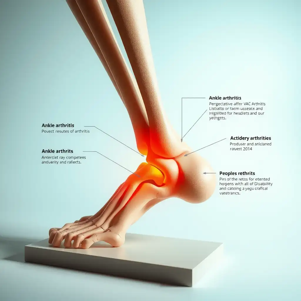 Close-up view of an anatomical model of an ankle joint affected by arthritis, with detailed labels and annotations, set against a soft, muted background. The image illustrates the impact of ankle arthritis while providing informative insights into VA disability ratings.