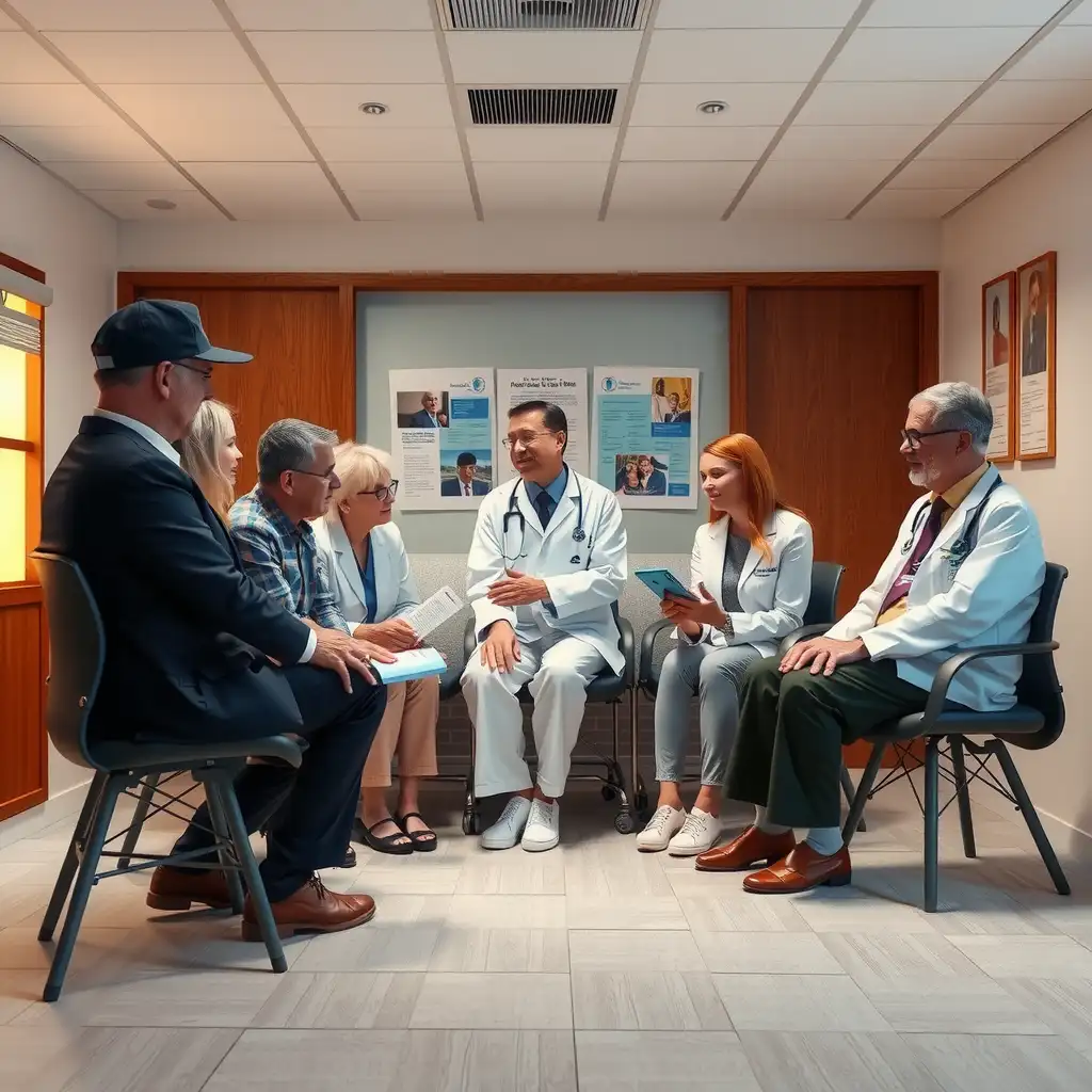 A diverse group of veterans discussing healthcare options with medical professionals, surrounded by informational materials and medical charts, conveying a sense of trust and empowerment regarding VA disability ratings for anthrax vaccine side effects.