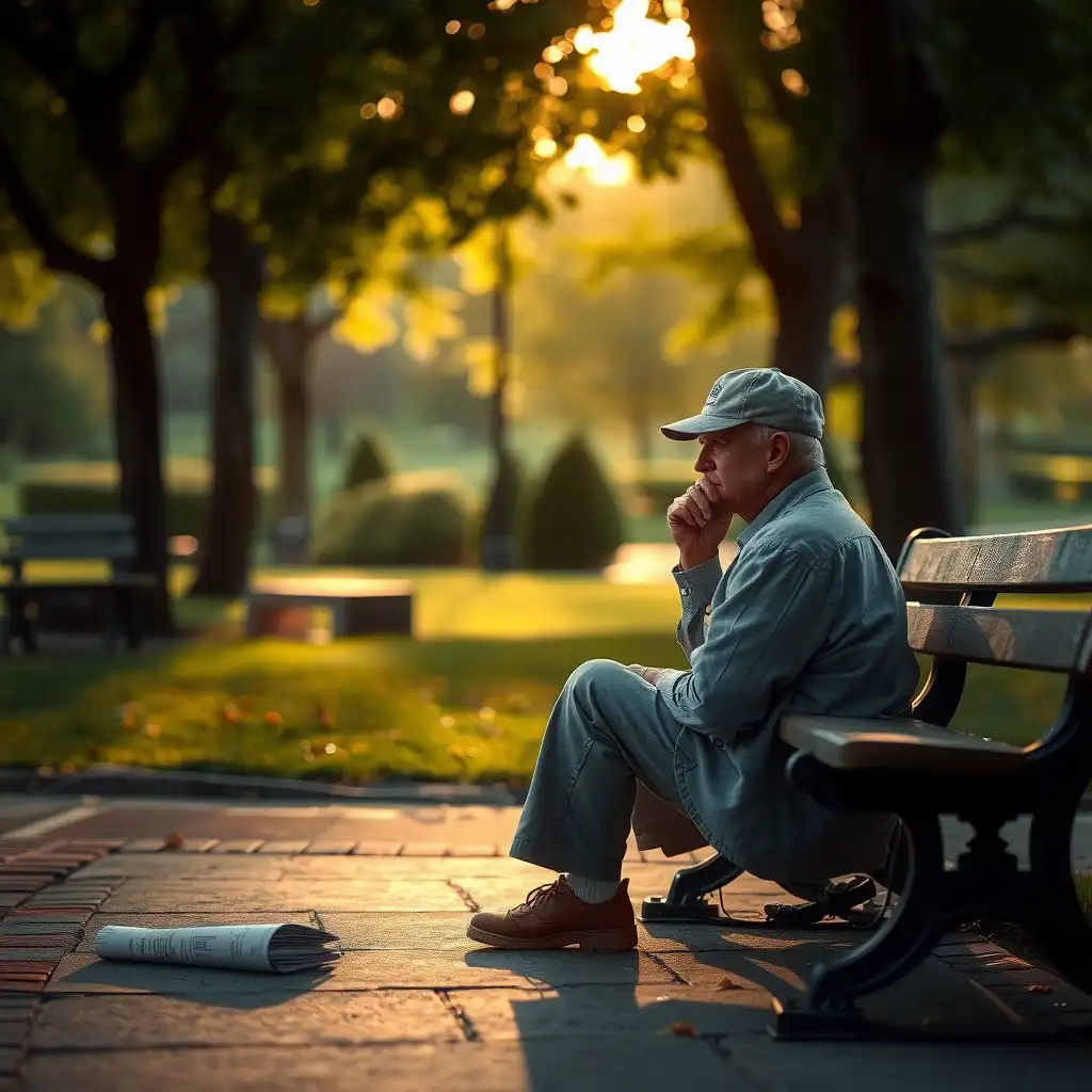 A thoughtful veteran sitting on a bench in a peaceful park, surrounded by nature, with subtle hints of paperwork and support resources nearby, symbolizing resilience and the journey of navigating mental health challenges.