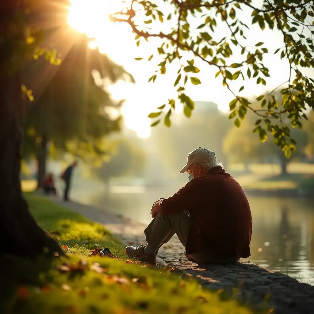 A veteran seated in a peaceful park, reflecting quietly beside a calm waterway, surrounded by nature's textures, symbolizing resilience and the journey toward finding one's voice.