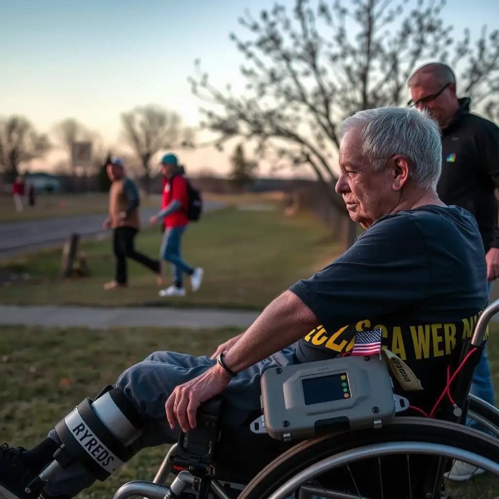 A veteran engaged in adaptive activities, showcasing resilience and determination, surrounded by supportive family and community elements, with symbols of hope and recovery in a vibrant setting.