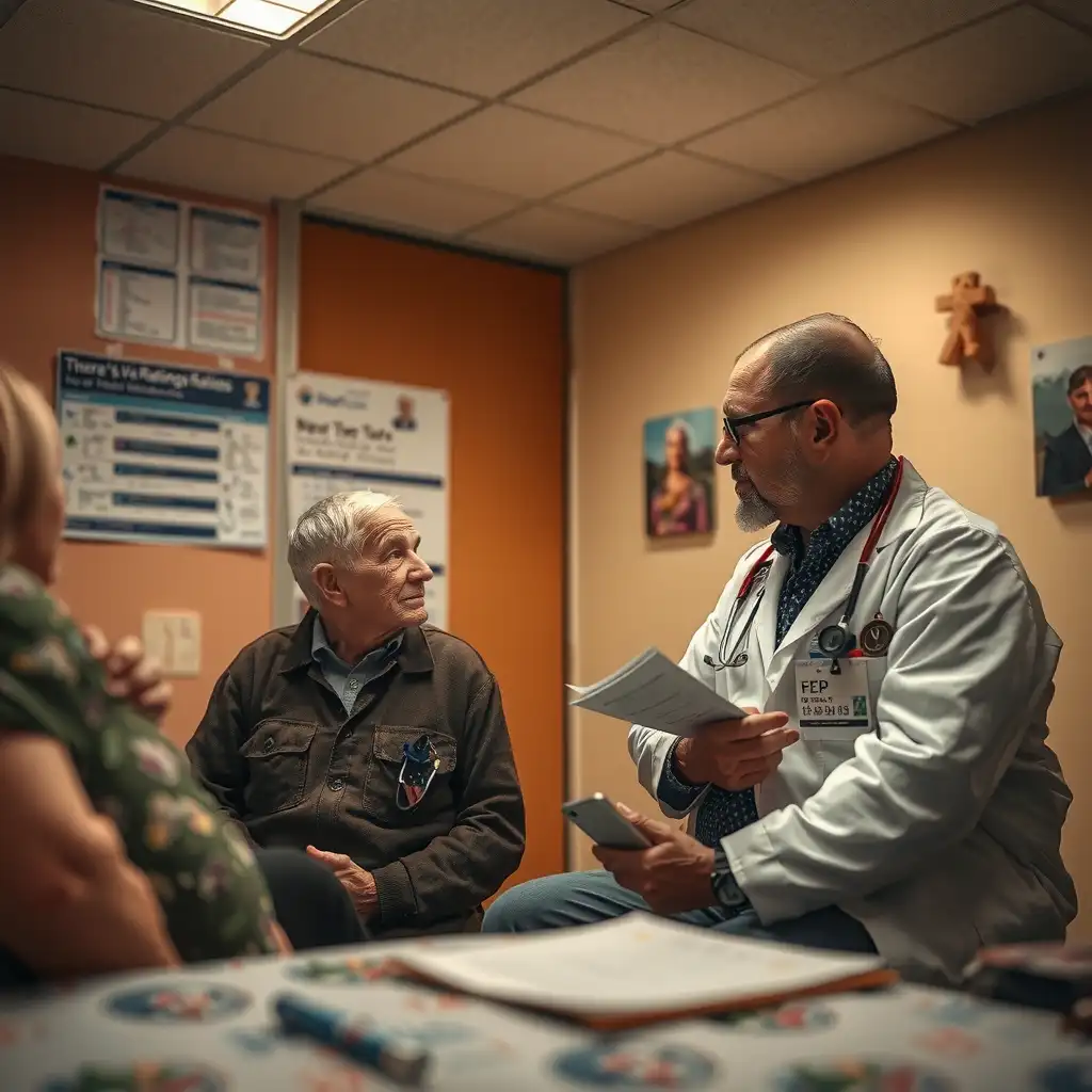 A veteran discusses care options with a healthcare professional in a warm, inviting clinic setting, surrounded by medical charts and symbols of support, reflecting the complexities of VA Disability Ratings for asbestosis.