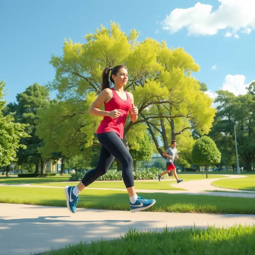 An illustration depicting an individual jogging in a park, surrounded by greenery and blue skies, with an inhaler nearby and educational elements representing asthma awareness, emphasizing empowerment and resilience in managing exercise-induced asthma.