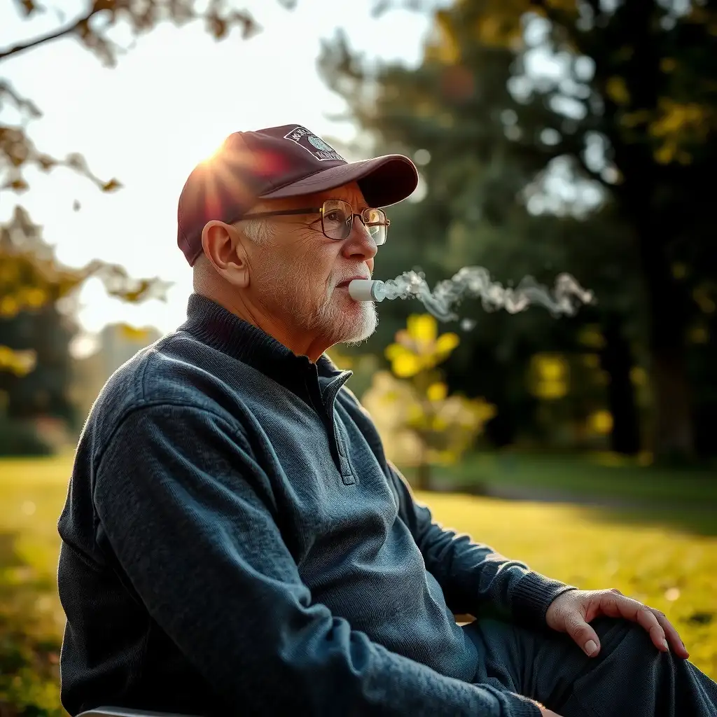 A veteran sitting peacefully outdoors, surrounded by nature, with inhalers and medical documents subtly integrated into the scene, symbolizing resilience and support for those living with asthma.