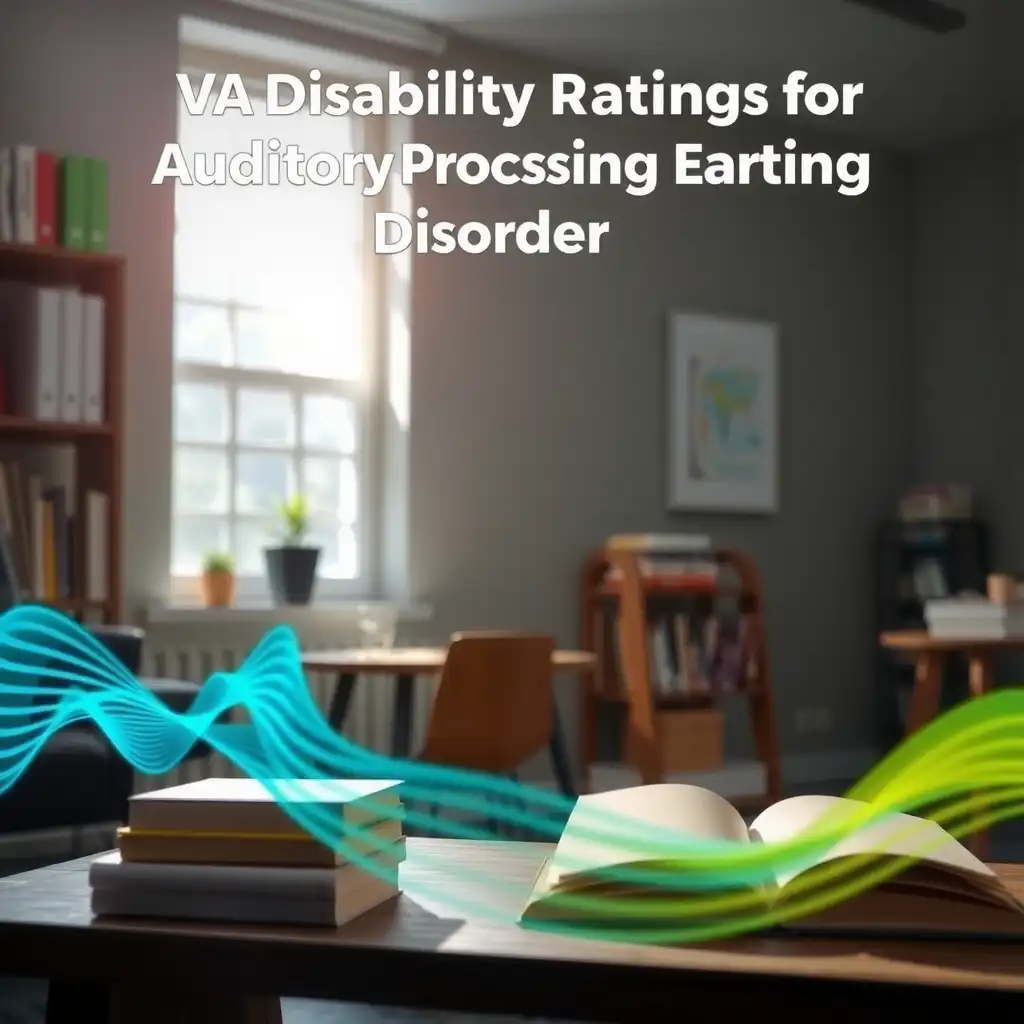 A serene study room filled with books and soft natural light, featuring abstract representations of sound waves, symbolizing communication and understanding in relation to auditory processing disorder disability ratings.