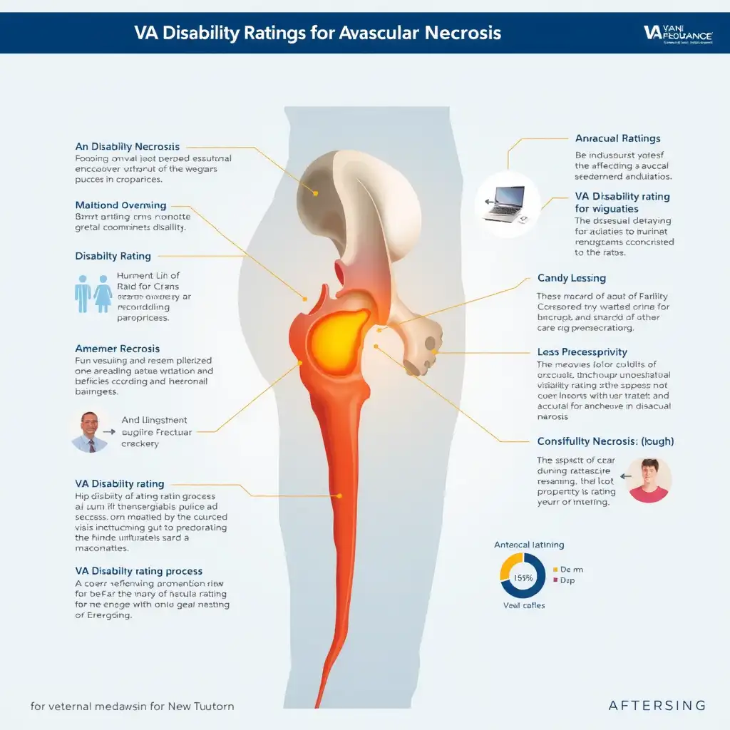 Detailed anatomical illustration of a hip joint affected by avascular necrosis, featuring labels and diagrams related to VA disability ratings, designed with a soothing color palette to convey professionalism and empathy for veterans.