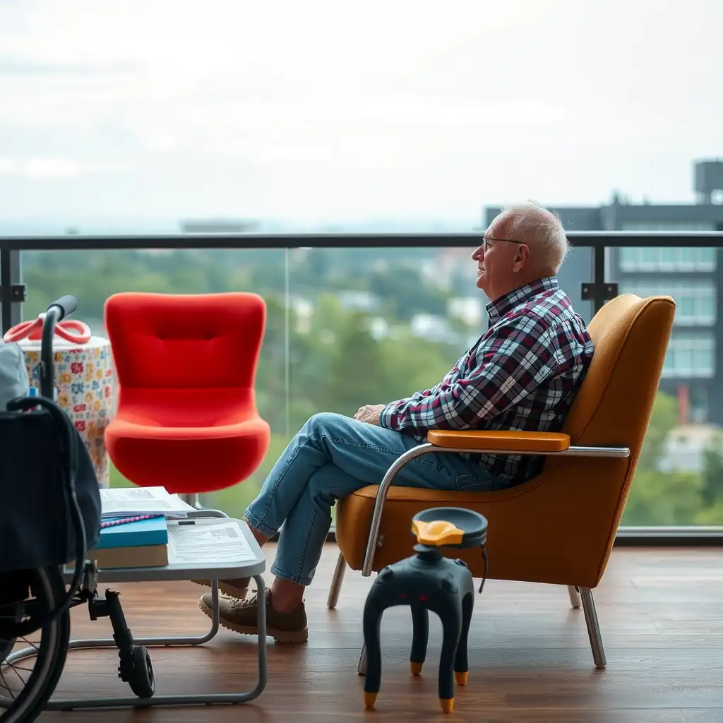 A veteran seated in a comfortable chair, thoughtfully surrounded by medical documents and rehabilitation tools, symbolizing the complexities and emotional aspects of living with back pain. The scene captures a sense of hope and resilience in the context of VA disability ratings.