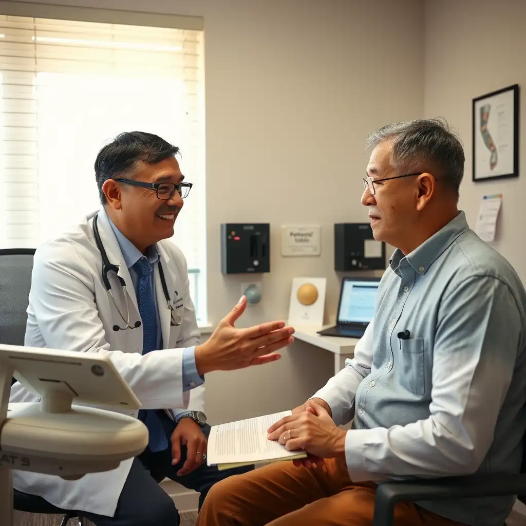 A healthcare professional assesses a veteran for carpal tunnel syndrome in a well-lit medical office, featuring diagnostic equipment and anatomical models, conveying professionalism and empathy.