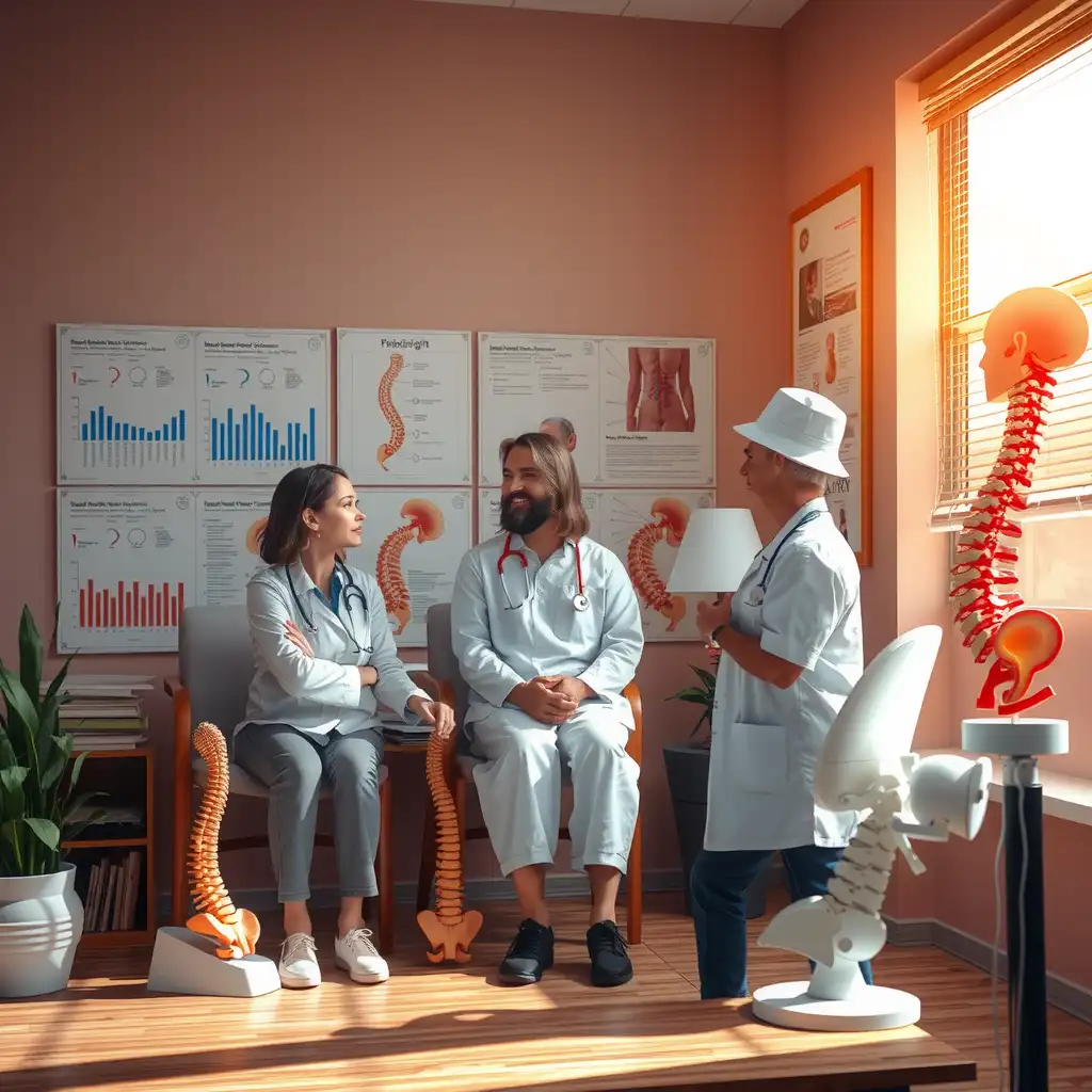 A healthcare provider discusses VA disability ratings with a patient in a well-lit consultation room filled with anatomical charts and models, highlighting spinal anatomy related to Cauda Equina Syndrome.