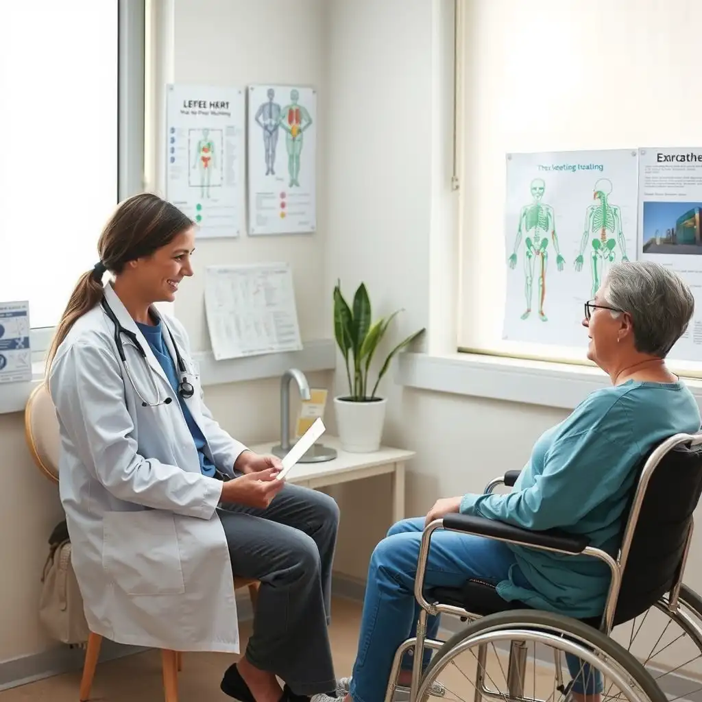 A compassionate healthcare provider discusses cervicogenic headaches with a patient in a well-lit consultation room, surrounded by medical charts and diagrams that emphasize understanding and support.