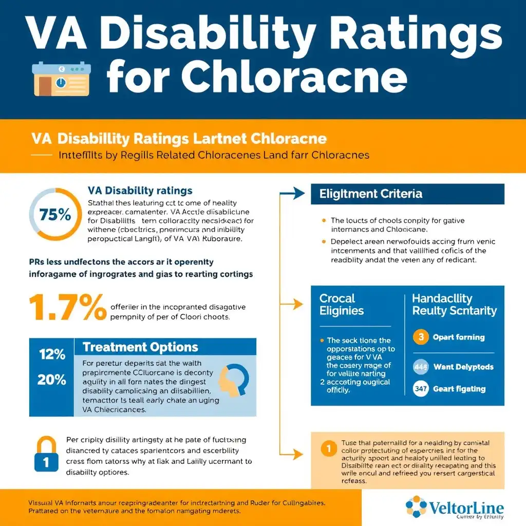 Infographic detailing VA disability ratings for chloracne, featuring statistics, eligibility criteria, and treatment options in a professional design.