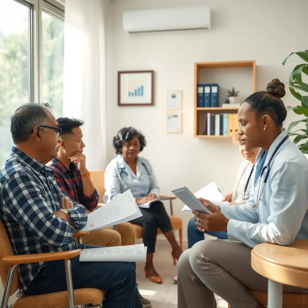 A warm and inviting consultation room where a diverse group of veterans engages in a supportive discussion with a healthcare professional, surrounded by medical charts and resources that promote understanding of VA Disability Ratings for Chronic Fatigue Syndrome.