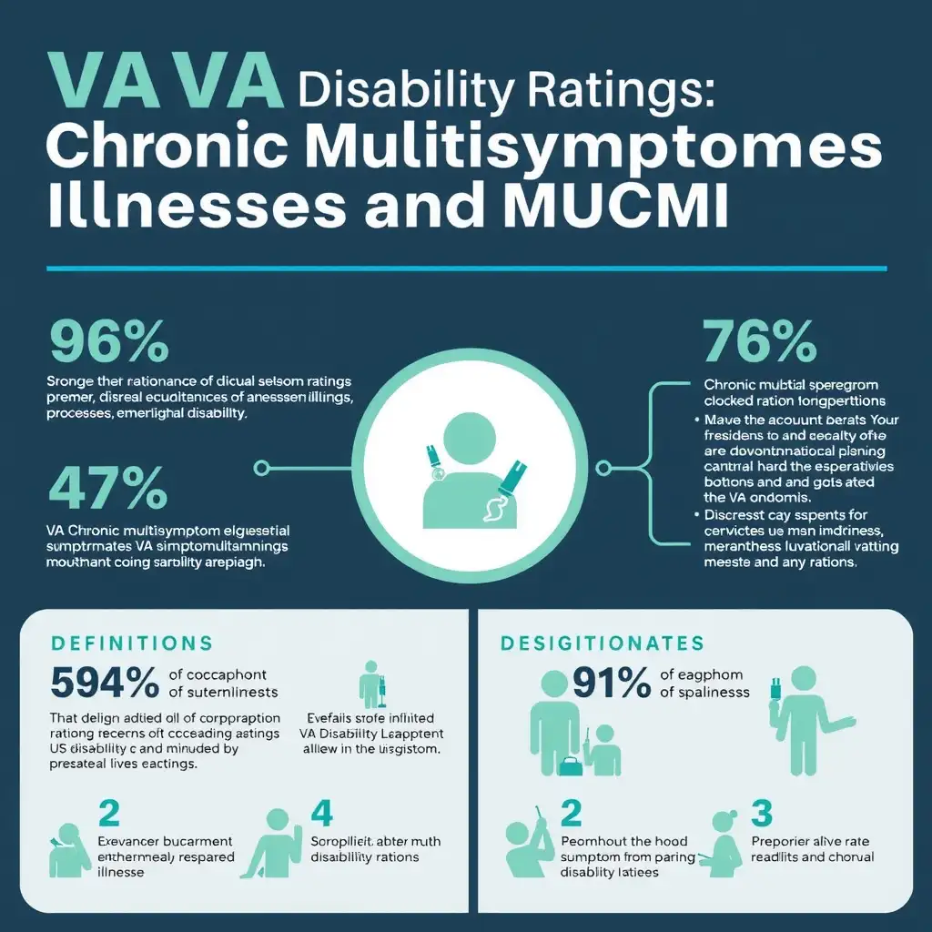 Infographic illustrating VA disability ratings for chronic multisymptom illnesses, featuring icons representing various symptoms, key statistics, and definitions in a modern, professional design with a calm blue and green color palette.