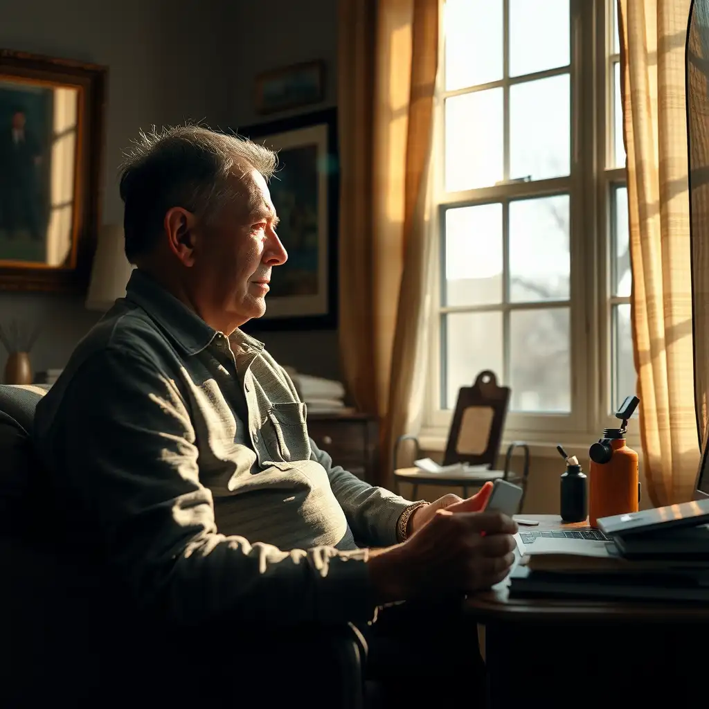 A veteran reflecting in a serene room, surrounded by personal items and medical documents that symbolize their journey with chronic pain and resilience. Soft light highlights the emotional depth of the scene.