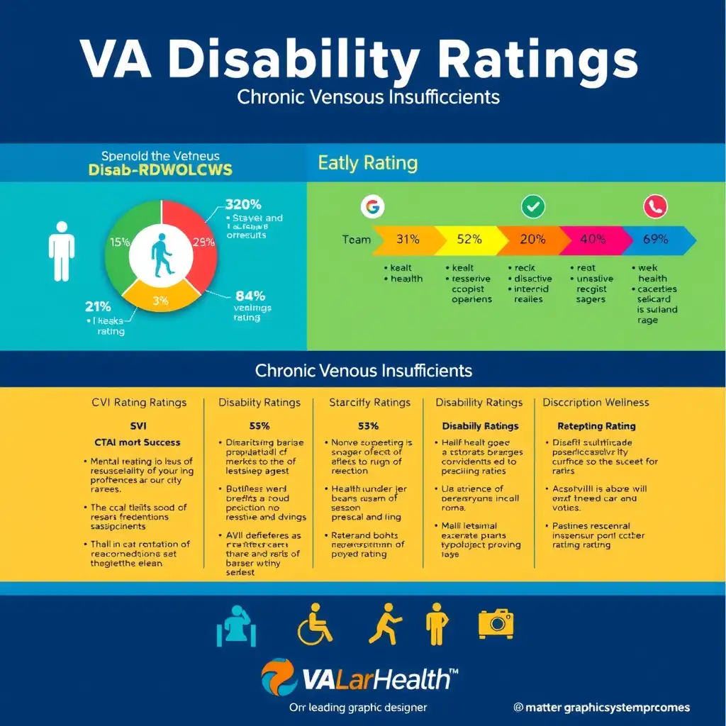 Infographic detailing VA Disability Ratings for Chronic Venous Insufficiency, featuring colorful sections, icons related to health and wellness, and clear statistics and descriptions for veterans.