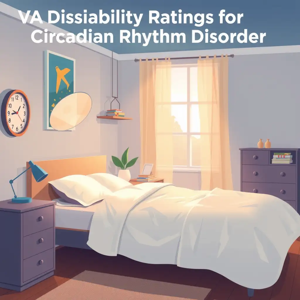 Illustration of a serene bedroom with soft lighting, featuring a clock displaying irregular hours and imagery representing the transitions between day and night, symbolizing circadian rhythm disorders. The composition aims to highlight the importance of understanding VA disability ratings for veterans.