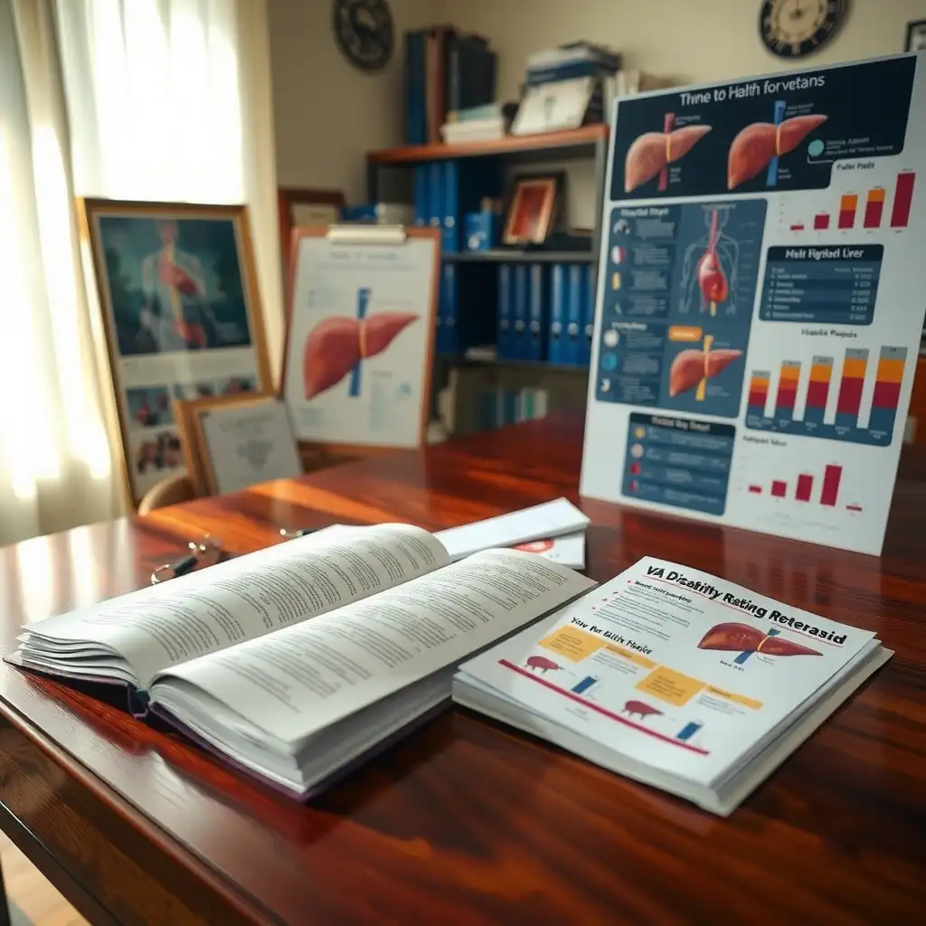 A well-organized medical consultation space with a polished wooden desk, an open medical textbook, and liver anatomy charts, illuminated by soft natural light. Anatomical models and supportive literature are subtly included, creating a professional and welcoming atmosphere.