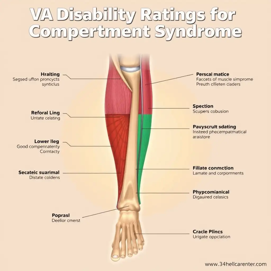 An anatomical illustration of the lower leg, highlighting muscle compartments affected by compartment syndrome, with clear labels and annotations in a vibrant color palette for educational purposes.