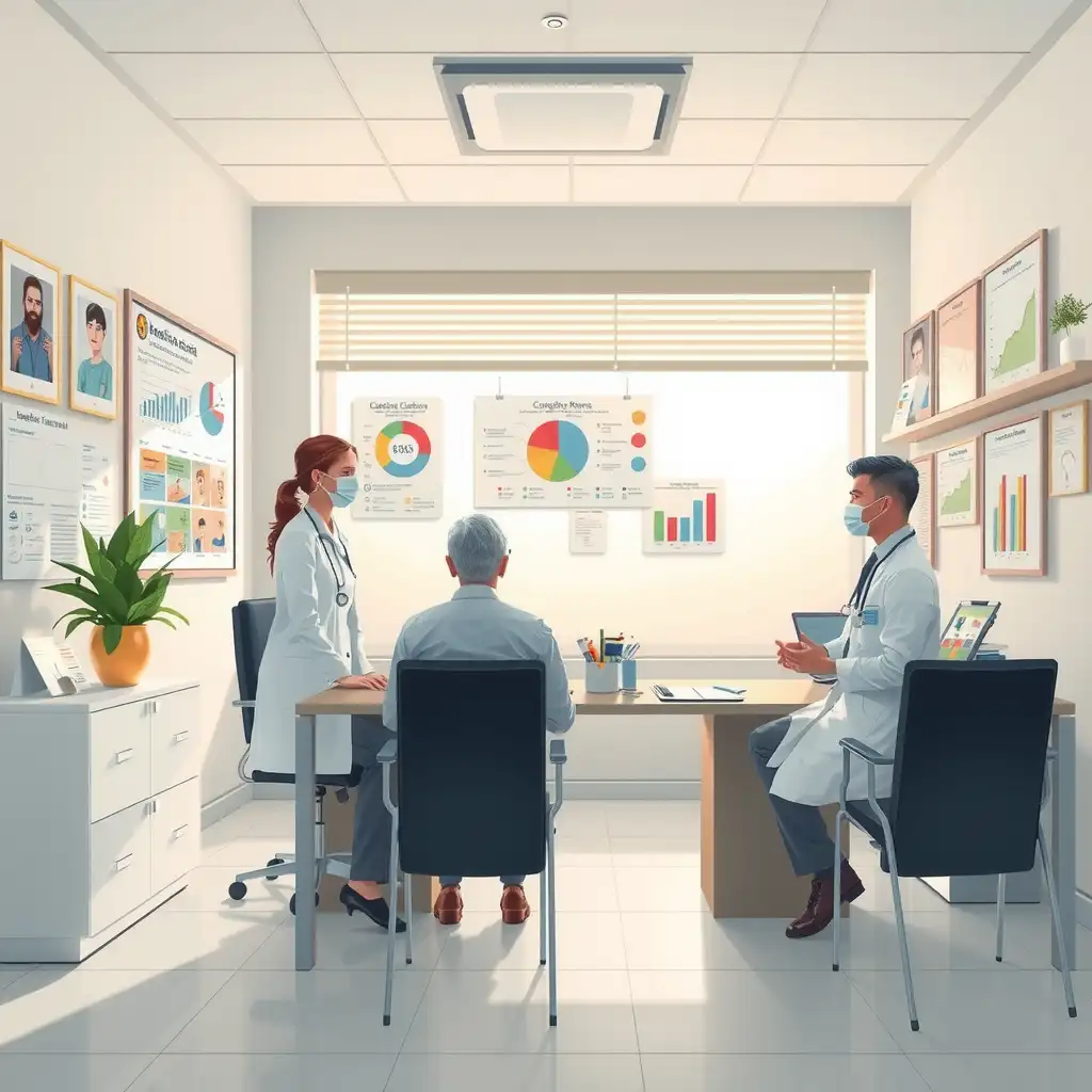 A consultation room in a veterans clinic featuring healthcare professionals engaging with veterans, surrounded by educational materials like charts and diagrams on VA Disability Ratings for Confusional Arousal. The atmosphere is calm and supportive, emphasizing clarity and empathy.