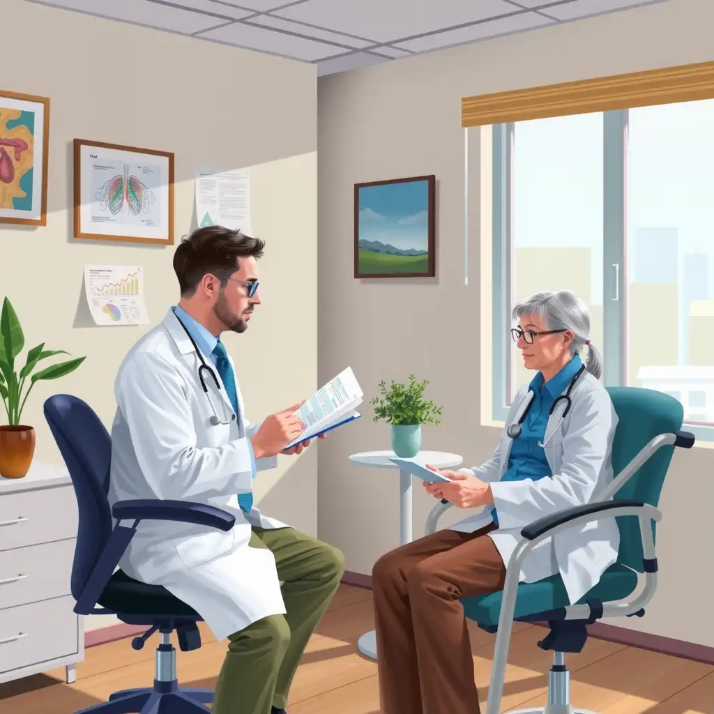 A healthcare professional explains VA disability ratings to a veteran in a well-lit office, surrounded by charts and anatomical illustrations related to constrictive bronchiolitis, creating an informative and supportive atmosphere.