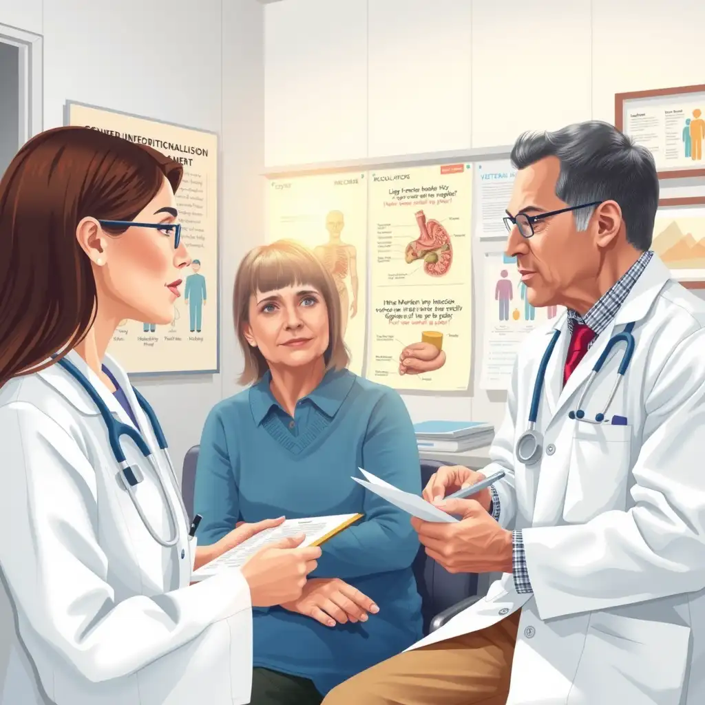 A healthcare professional discusses VA Disability Ratings for Conversion Disorder with a veteran in a modern clinic, surrounded by informative charts and anatomical illustrations, conveying a sense of clarity, support, and empowerment.