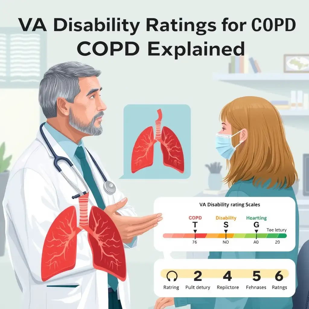 A healthcare provider discusses COPD with a veteran in a clinic, surrounded by clear diagrams of lung effects and VA disability rating scales, all in soft blues and greens. The scene conveys support and empowerment for veterans.