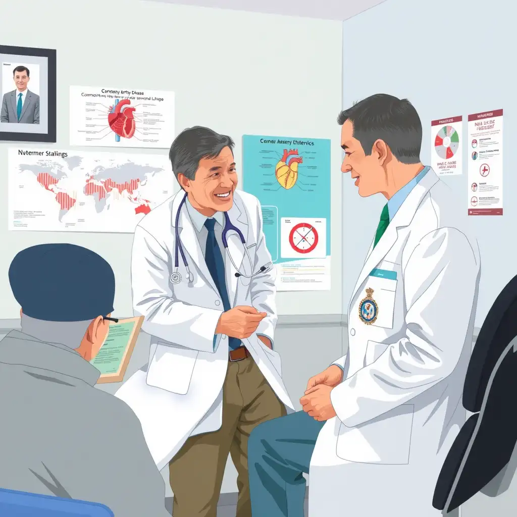 A compassionate healthcare professional discussing coronary artery disease with a veteran in a clinical setting, surrounded by medical charts and anatomical diagrams of the heart, conveying support and understanding.