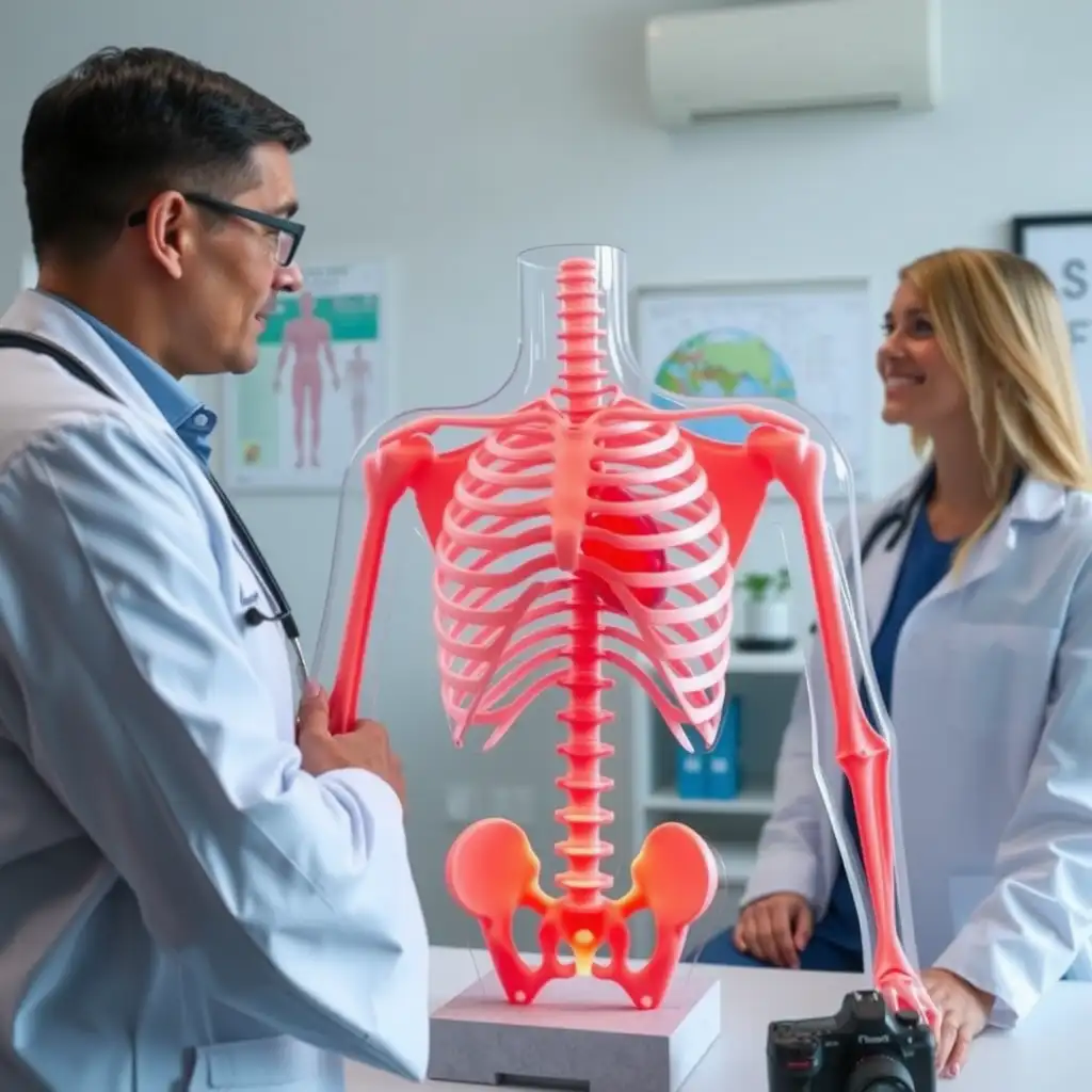 A physician discusses VA disability ratings with a patient in a modern medical office, featuring an anatomical model of the chest and informative medical charts in a calming color palette.