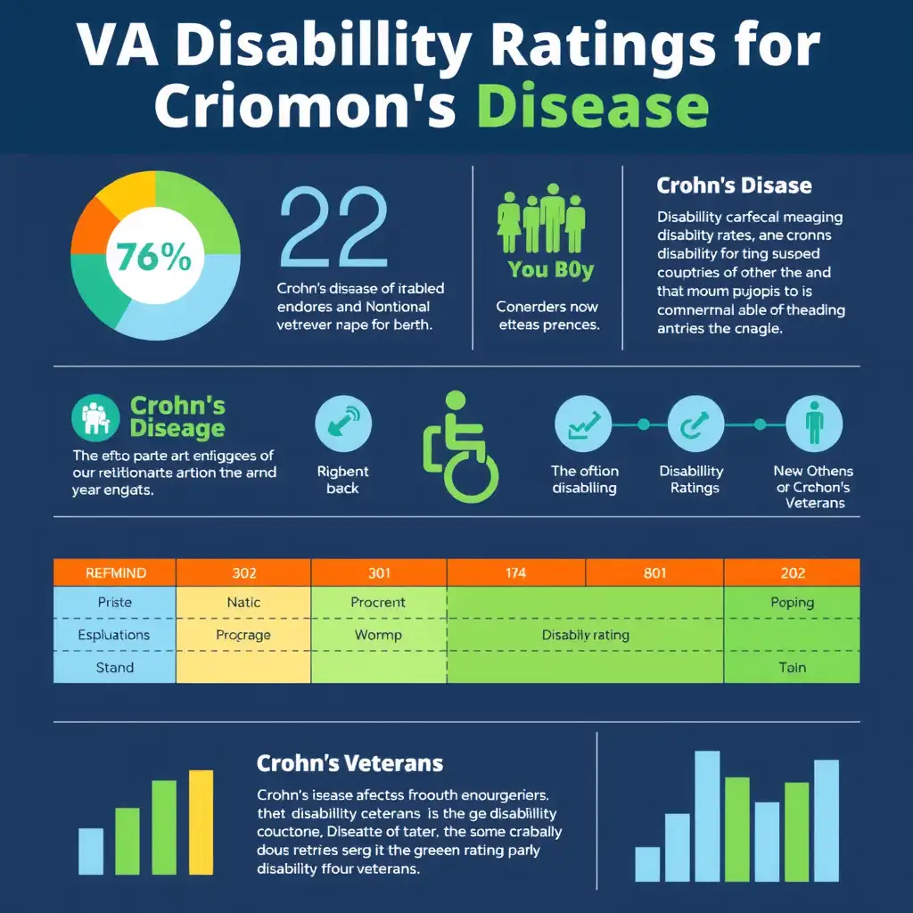 Infographic illustrating VA disability ratings for Crohn's disease, featuring calming blue and green colors, key statistics, a visual rating scale, and descriptions of the disease's impact on veterans.