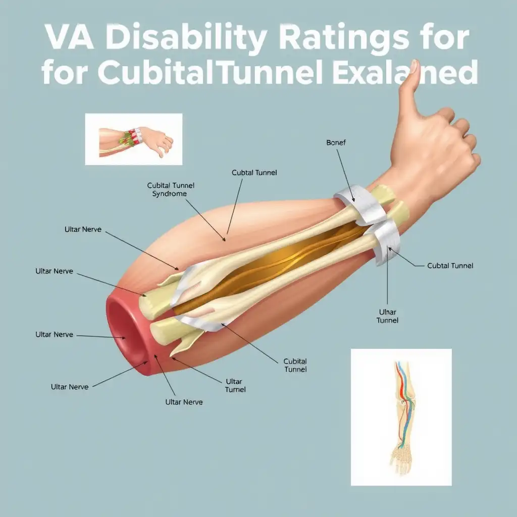 Illustration of the elbow anatomy highlighting the ulnar nerve and cubital tunnel, featuring labeled diagrams of muscles, bones, and nerves in a professional color palette.