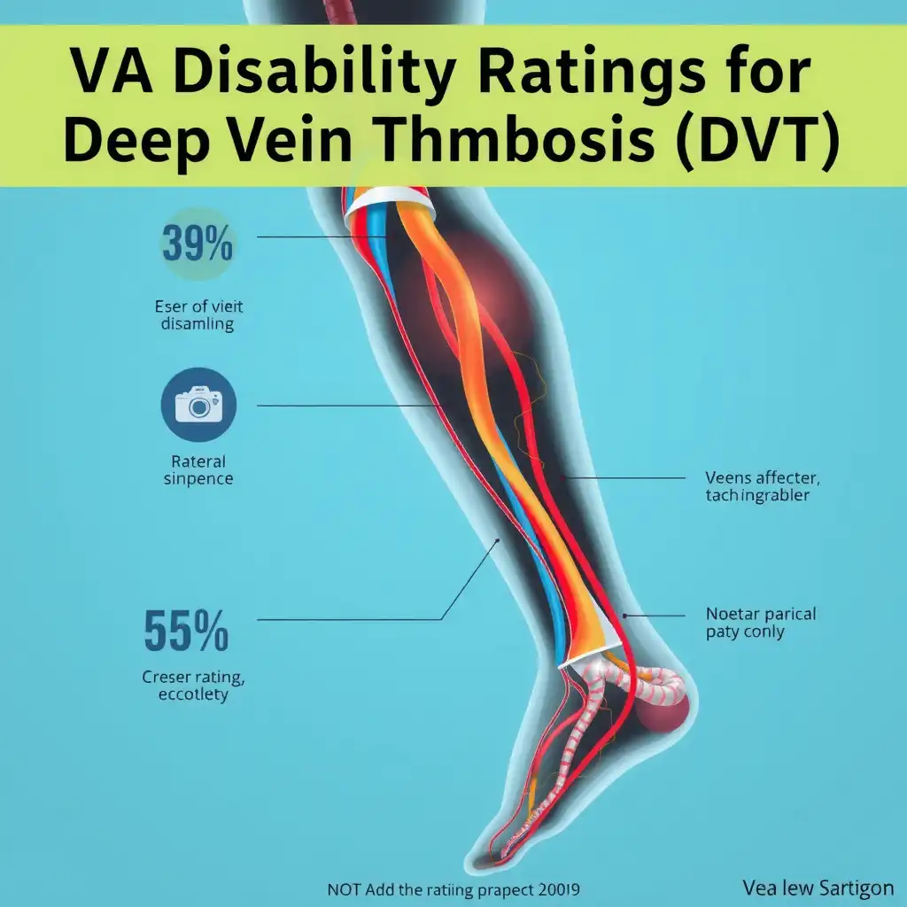 Detailed anatomical illustration of a human leg highlighting veins affected by deep vein thrombosis (DVT), featuring clear labels and annotations, with a calming color palette of blues and greens, and overlay graphics of statistics related to VA disability ratings.