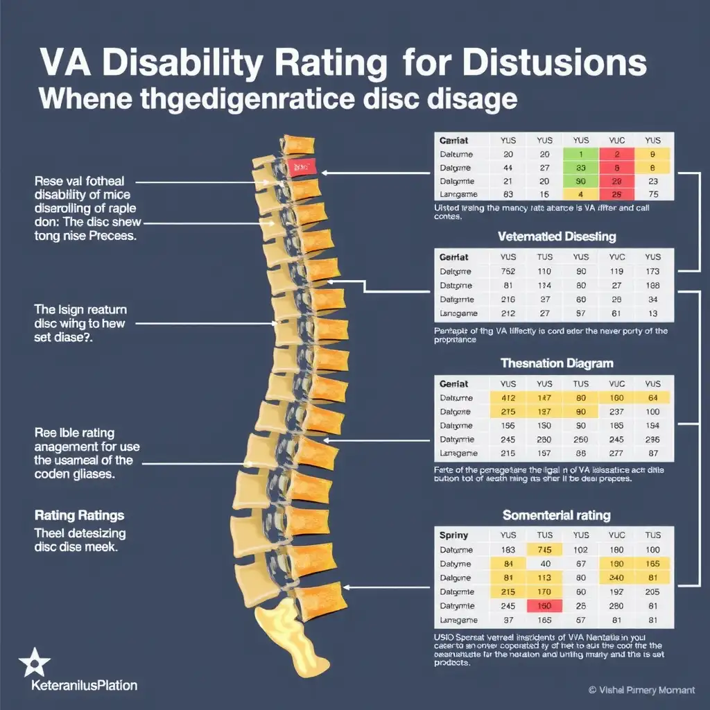 An informative graphic illustrating the complexities of VA disability ratings for degenerative disc disease, featuring an anatomical representation of the spine with highlighted affected discs, rating scale diagrams, and annotations for clarity.