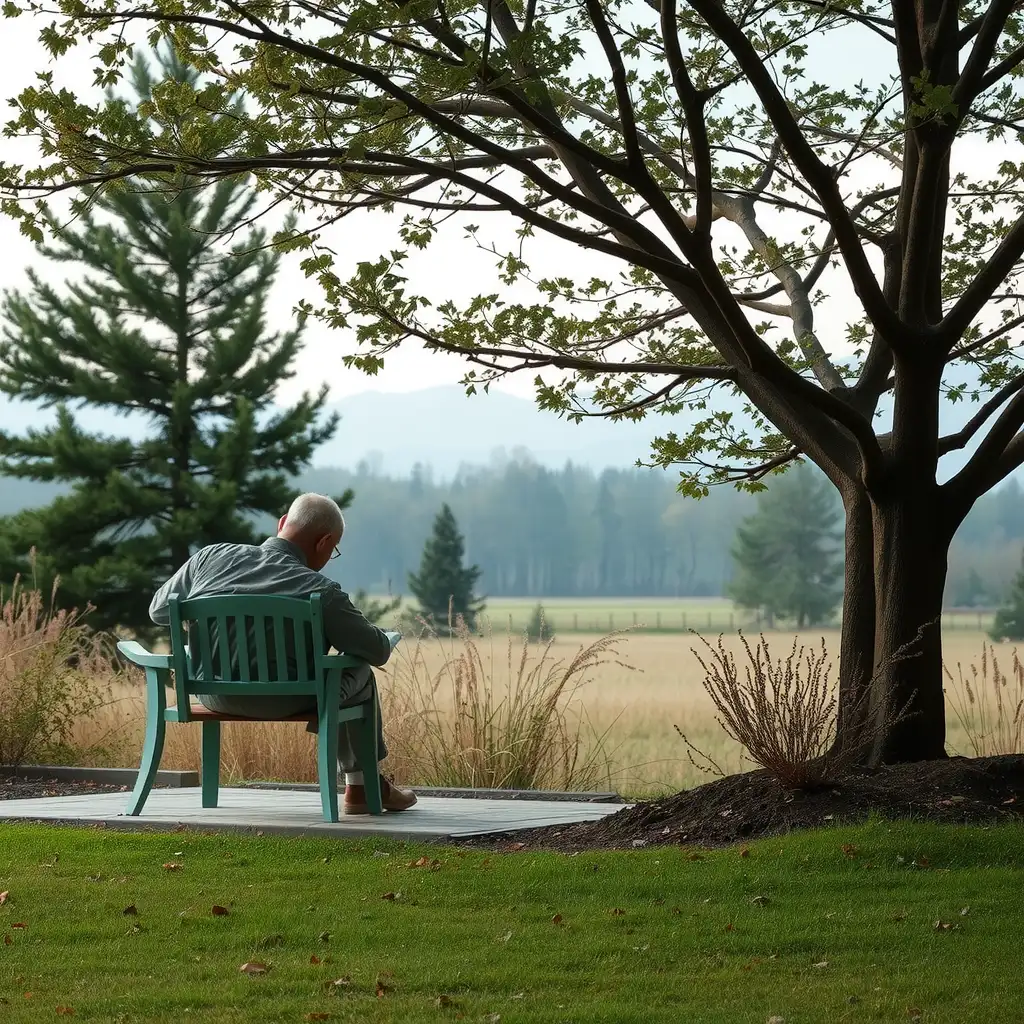 A serene outdoor scene featuring a peaceful bench under a tree, surrounded by calming natural elements, symbolizing mental health awareness and support for veterans.