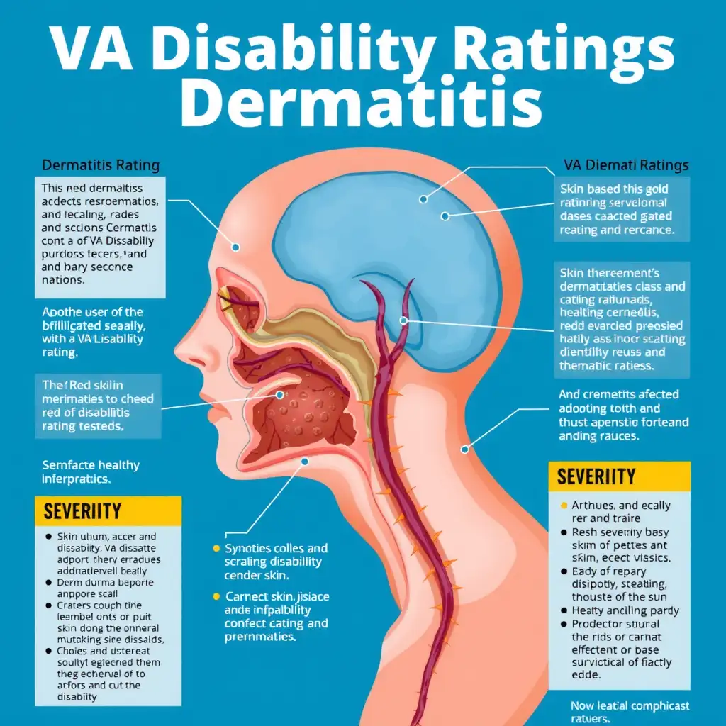 An illustrated graphic depicting human skin affected by dermatitis, showcasing symptoms like redness, scaling, and inflammation. The image includes informative labels that explain the severity levels of dermatitis and corresponding VA disability ratings, utilizing a vibrant and medically accurate color palette.