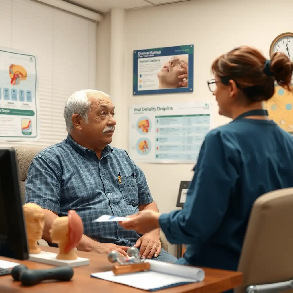 A veteran discussing health concerns with a healthcare professional in an office, surrounded by anatomical models of the nasal structure and charts on disability ratings, conveying a sense of support and understanding.