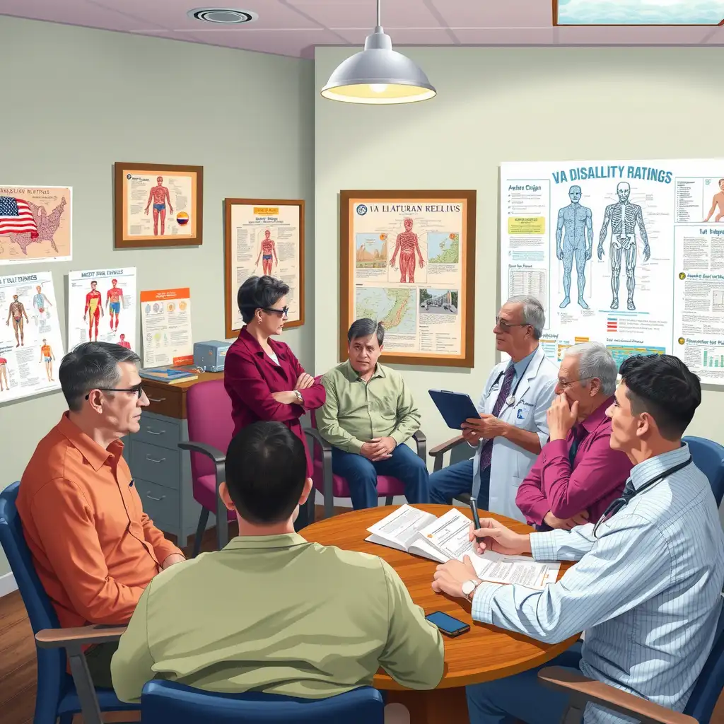 A diverse group of veterans engages in a discussion with a healthcare professional in a well-organized office filled with anatomical charts and diabetes management resources, highlighting the complexities of VA disability ratings.