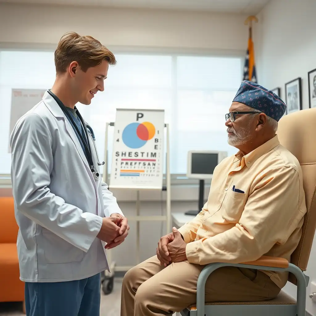 A healthcare professional discusses eye health with a veteran in a well-lit examination room, surrounded by medical diagrams, an eye chart, and assistive devices. The scene conveys a warm and supportive atmosphere, highlighting inclusivity and understanding.