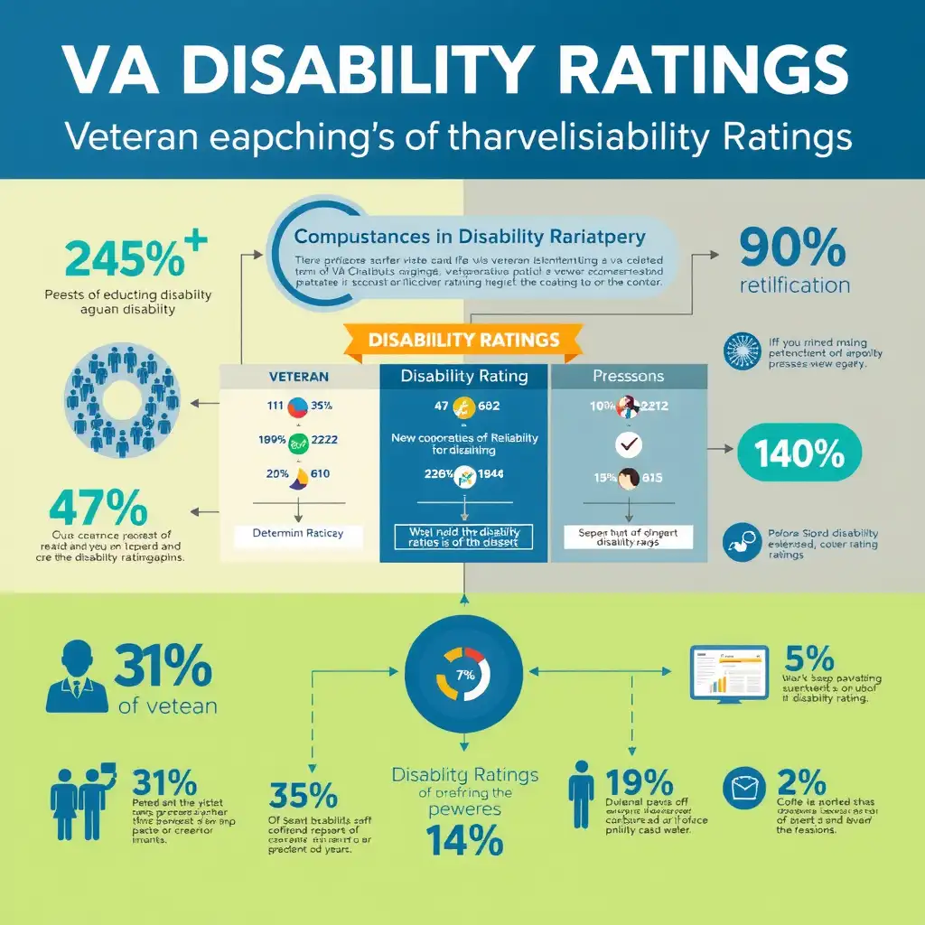 Infographic illustrating the VA disability rating process, featuring a flowchart with veteran figures, key statistics, and visual representations of different rating percentages in a blue and green color palette.