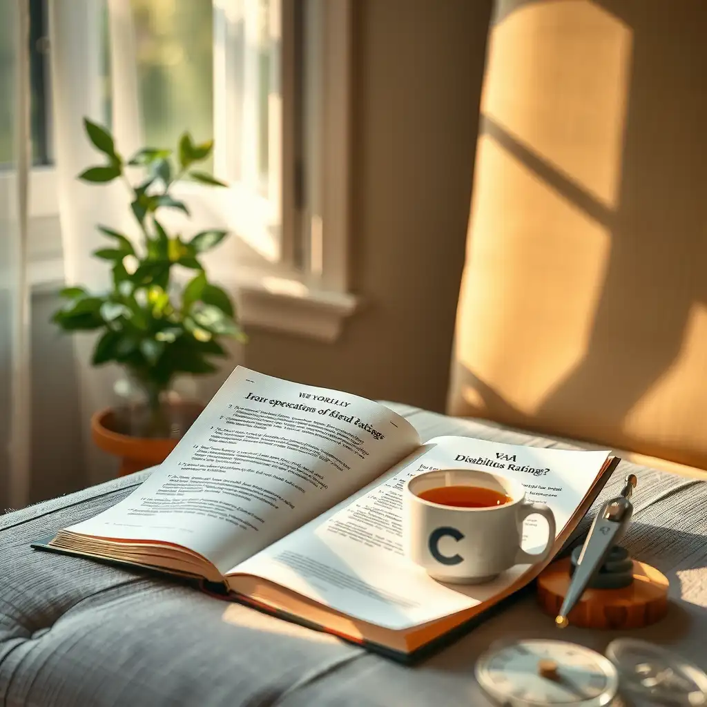 A serene interior scene featuring an open book on VA disability ratings, a warm cup of tea, and symbolic elements like a compass, all illuminated by soft light, conveying tranquility and insight.