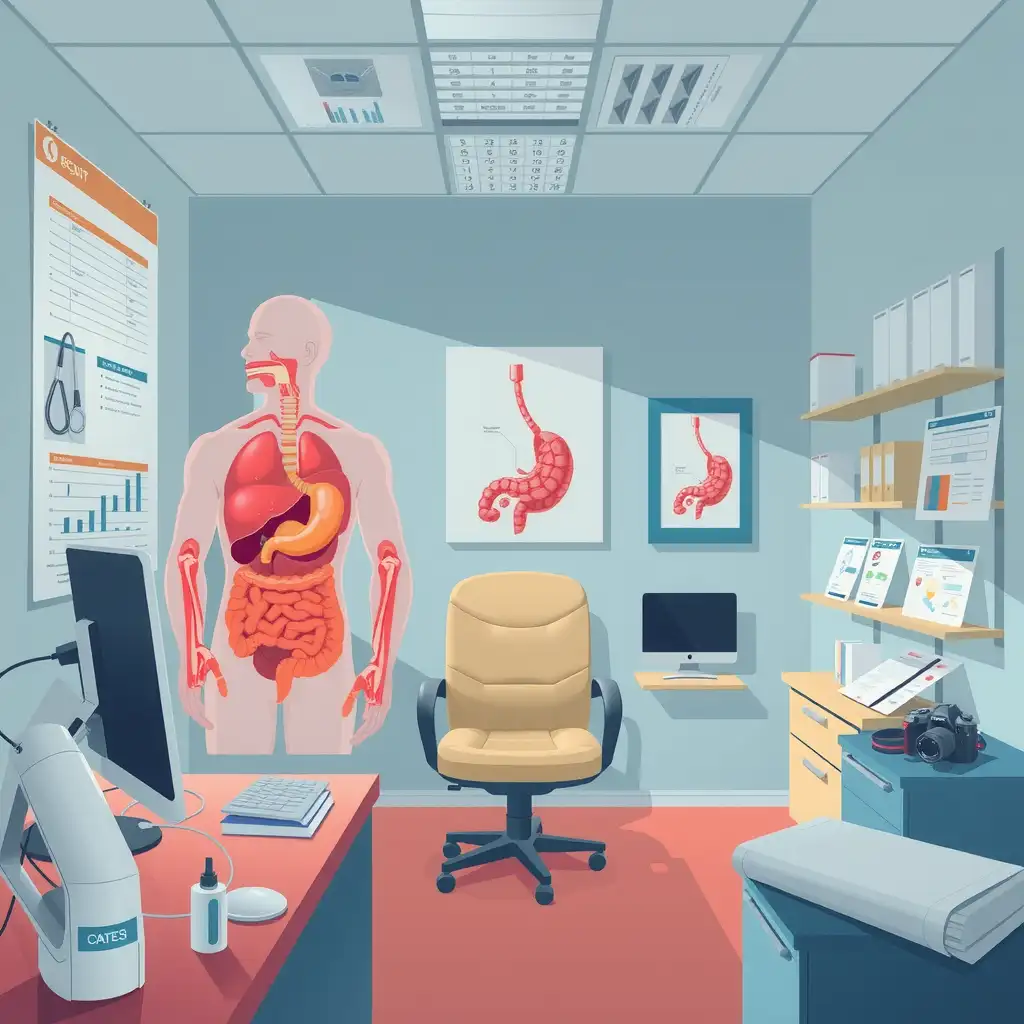 An informative illustration depicting a clinical office environment with anatomical models and charts related to diverticulitis, emphasizing clarity and support for veterans understanding VA disability ratings.