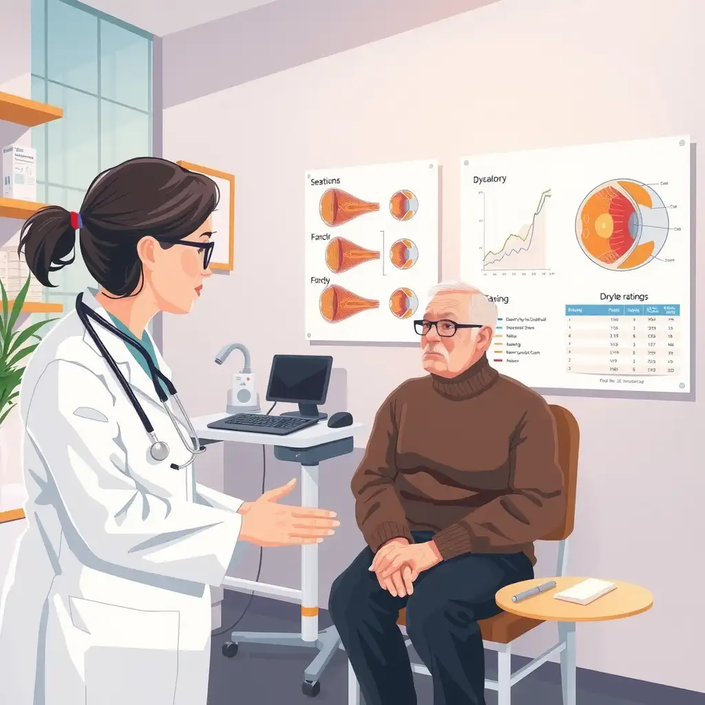 An illustration depicting a healthcare professional discussing dry eye syndrome with a veteran patient in a clinic, featuring anatomical diagrams of the eye and charts explaining VA disability ratings, all set in a warm and supportive atmosphere.