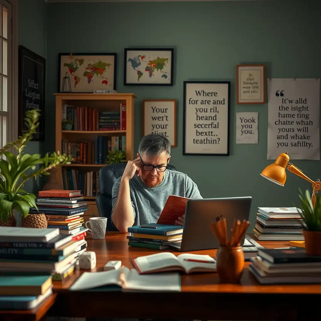 A cozy home office scene featuring a thoughtful individual surrounded by books on mental health, personal notes, and uplifting quotes, reflecting a sense of understanding and support for navigating VA disability ratings for dysthymia.